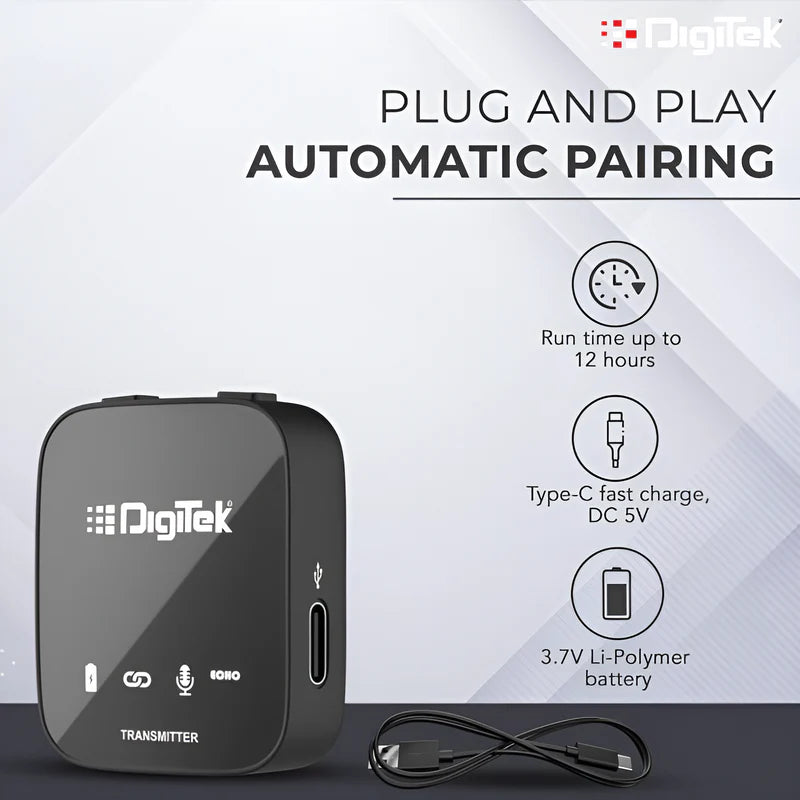 Digitek DWM-101 Wireless Microphone System | ANC Noise Reduction, 360° Sound, 100M Range, Real-Time Monitoring for DSLR, Smartphone