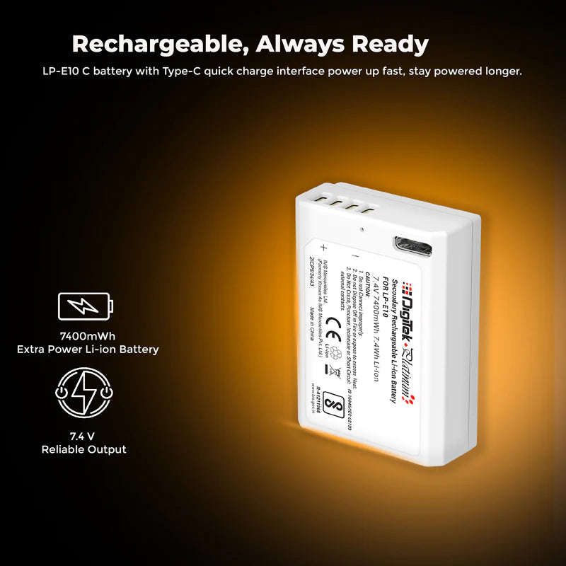 Digitek Platinum LP-E10 Type C 1000mAh Li-ion Battery for Canon DSLR Cameras (EOS 1100D, 1200D, 1300D, Rebel T3, T5, T6)