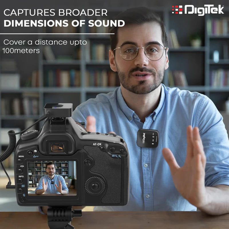 Digitek DWM-101 Wireless Microphone System | ANC Noise Reduction, 360° Sound, 100M Range, Real-Time Monitoring for DSLR, Smartphone