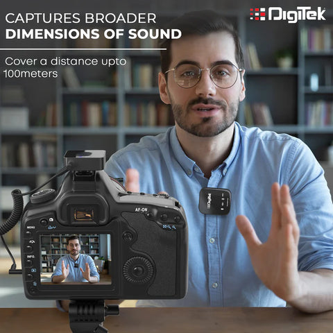 Digitek DWM-101 Wireless Microphone System | ANC Noise Reduction, 360° Sound, 100M Range, Real-Time Monitoring for DSLR, Smartphone