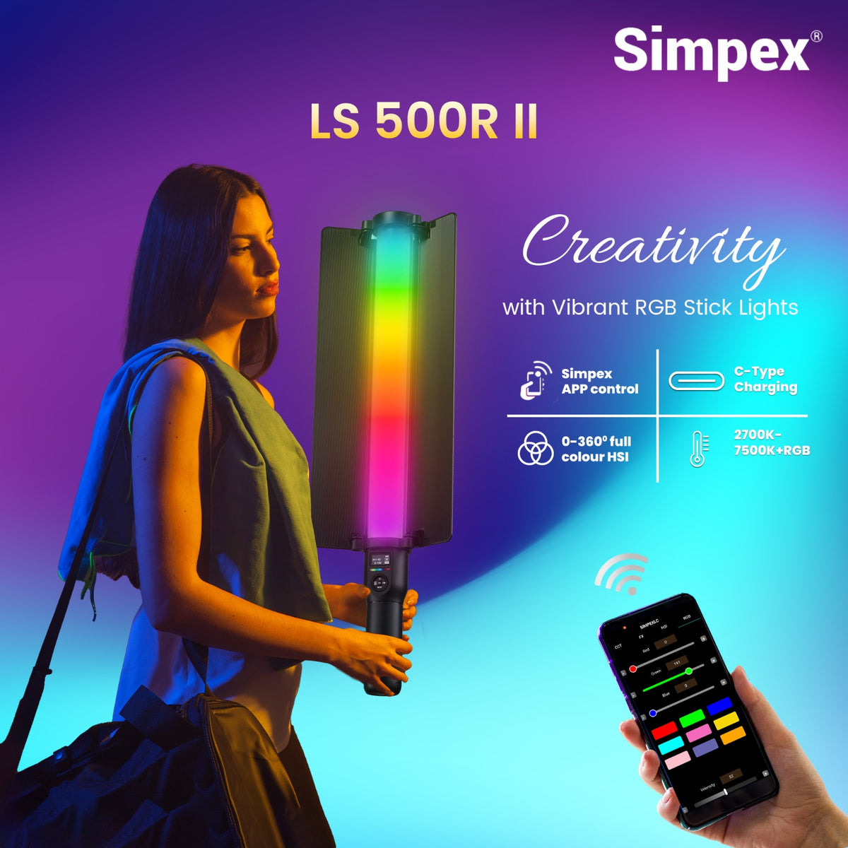 Simpex LS-500R Mark II 60W RGB LED Stick Light | Full RGB Bi-Colour for Creative Professional Photography