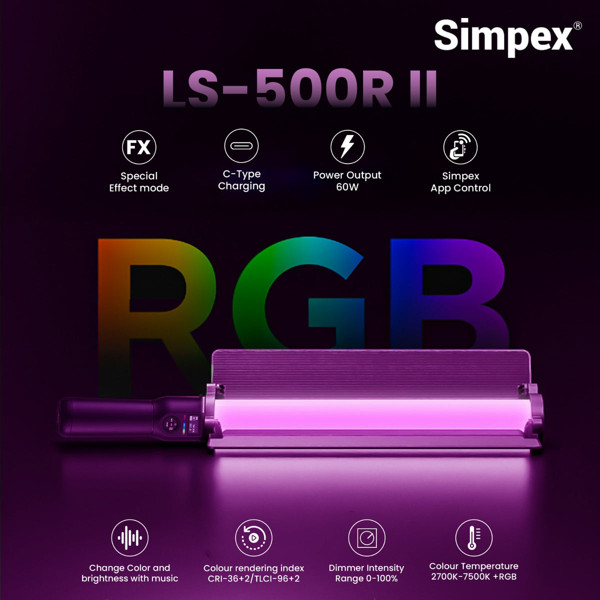 Simpex LS-500R Mark II 60W RGB LED Stick Light | Full RGB Bi-Colour for Creative Professional Photography